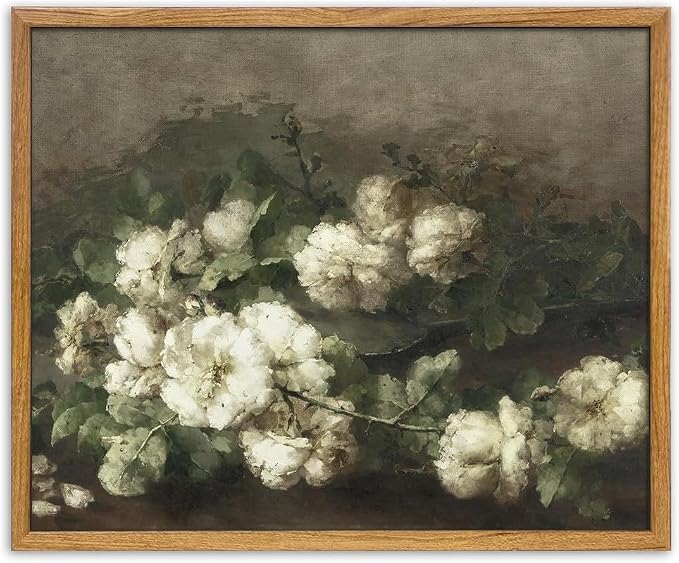 UPWOIGH White Floral Framed Still Life Wall Art, 16 x 24 Inch | Cream White Blooms and Dark Green Leaves, Vintage Moody Oil Painting Style, Warm Wood Frame for Living Room and Bedroom