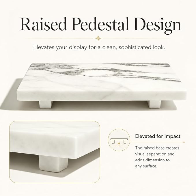 White Marble Pedestal Stand for Vanity & Bathroom | 9.84 Inch Decorative Riser for Perfume, Candle, Jewelry, Dresser and Shelf Decor