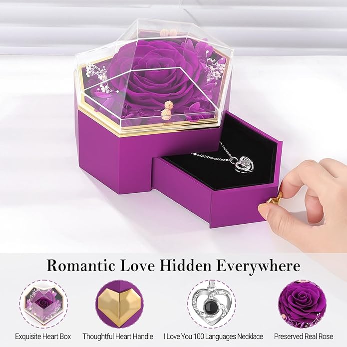 Emibele Preserved Rose Gifts for Women, Eternal Flower Rose Box with Heart Necklace, Romantic I Love You Gifts for Women Her Wife Mom Grandma on Valentines Mothers Day Birthday Anniversary