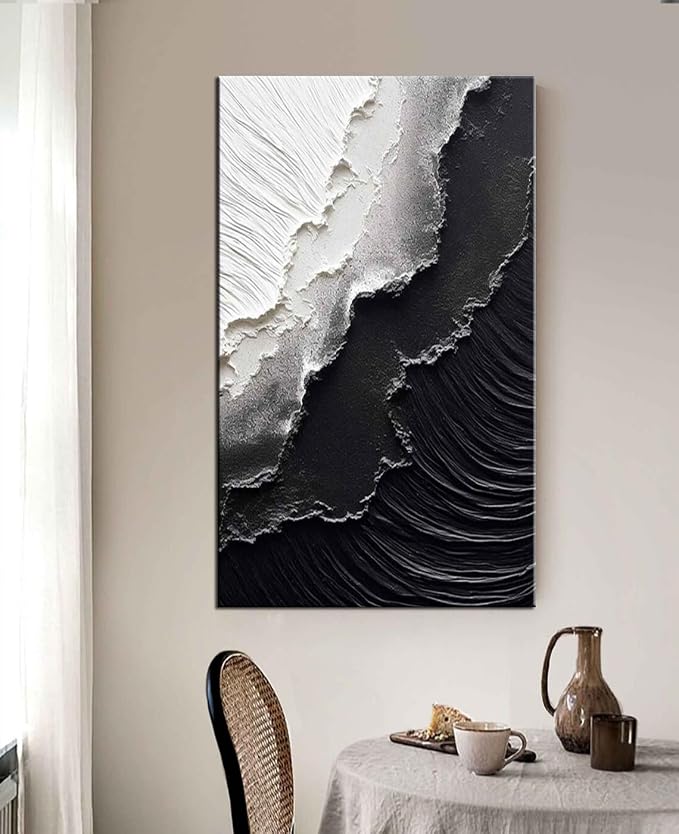 YaSheng Art - Vertical Wall Art Texture Abstract Oil Painting ,Hand Painted sea wave Black and White Wall Art Minimalist modern Art Paintings,, Home Living room Room Dining Room Bedroom Wall Decorative Art Oil Painting 30x60inch