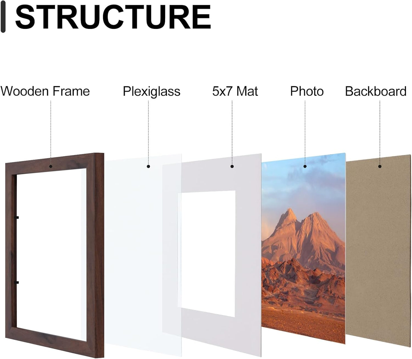 Vittanly 8x10 Picture Frames Set of 9, Shatter Resistant Plexiglass, Display 5x7 Pictures with Mat or 8x10 without Mat, Photo Frames for Wall or Tabletop, Engineered Wood, Walnut