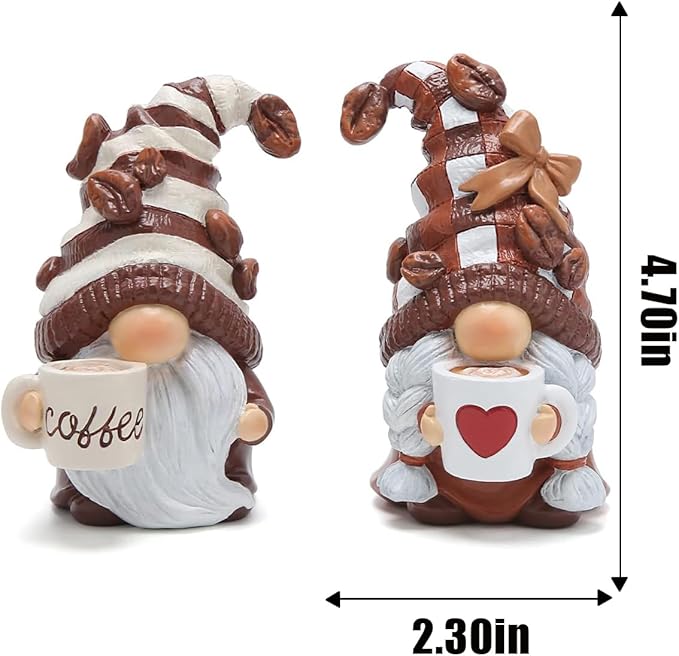 Hodao Gnome Decor Set of 2 Resin Coffee Lover Gifts with Mug, Cute Tiered Tray Figurines for Kitchen Shelf, Farmhouse Countertop, Desktop Accent, Spring Home Display