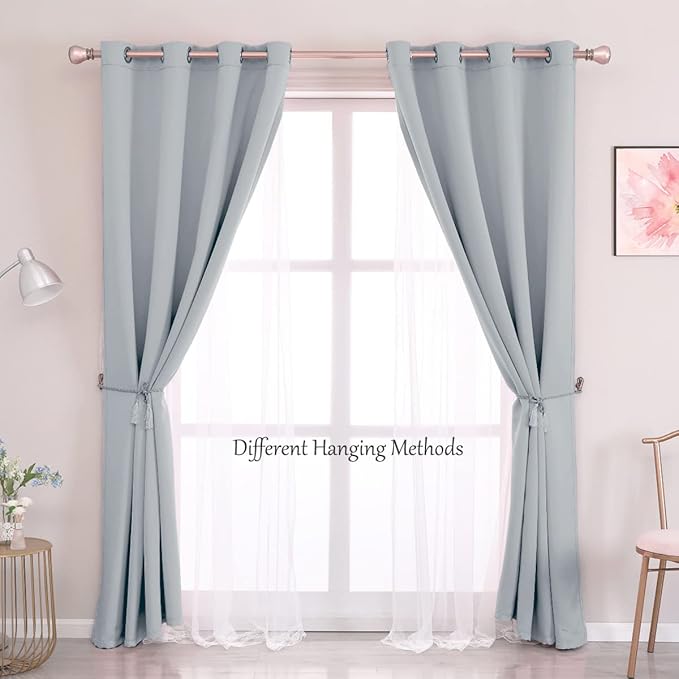 Blackout Curtains with Sheer - Sheer Linen Drapes with Grommet Window Treatment Decorations for Bedroom Living Room Nursery, 52 x 63 in, Light Grey, 2 Panels
