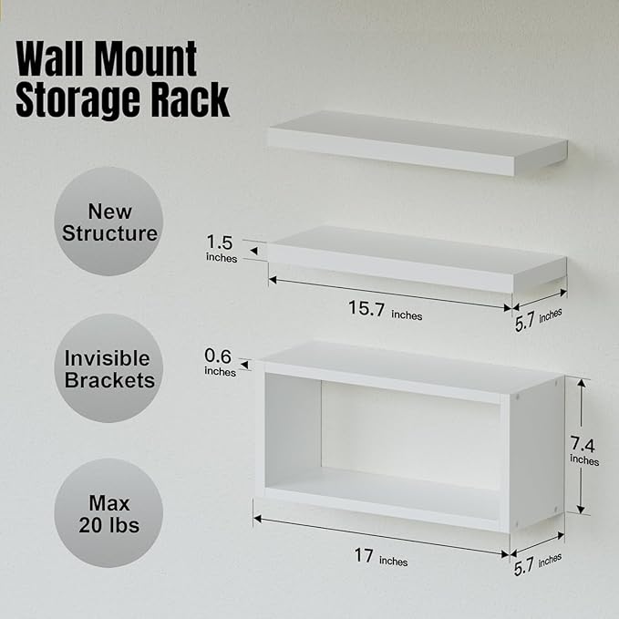 RICHER HOUSE White Floating Shelves Set of 3, Modern Bathroom Shelves Wall Mounted Shelves for Wall Decor, Over Toilet White Wall Shelves for Bathroom Bedroom, Living Room, Kitchen