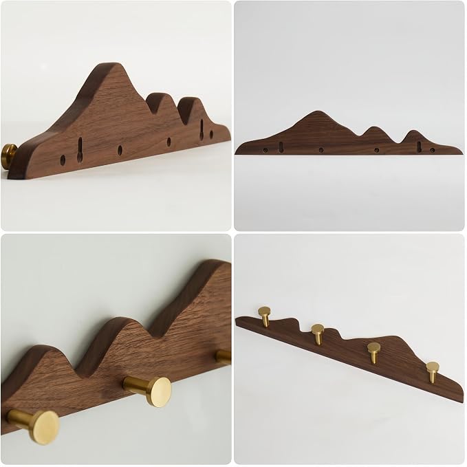 Elegant Wall Coat Rack with Hooks Walnut Wood Solid Coat Hanger Wall Mount with 4 Brass Hooks, Moisture-Resistant Wax Oil Finish for Home(Walnut, 4 Hooks)