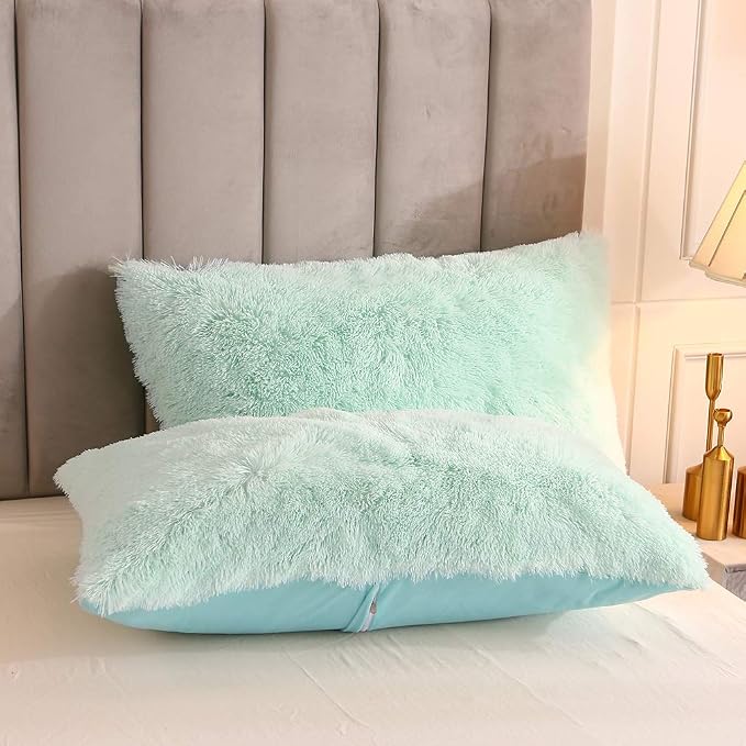 Faux Fur Velvet Fluffy Bedding Duvet Cover Set Down Comforter Quilt Cover with Pillow Shams, Ultra Soft Warm (Queen, Aqua)