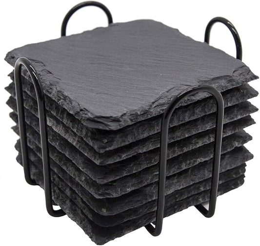 Slate Drink Coasters with Metal Holder, GOH DODD Set of 8 Black Coasters, 4 Inch Stone Coaster Set Tabletop Protection for Home Outdoor Kitchen Apartment Decor Housewarming Gifts Wedding Party, Square