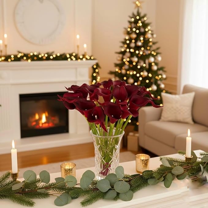 Floral Kingdom 20 Pack 14" Calla Lily Artificial Flowers – Real Touch Burgundy Latex Flowers for Home Decor Tabletop Centerpieces Living Room & Weddings
