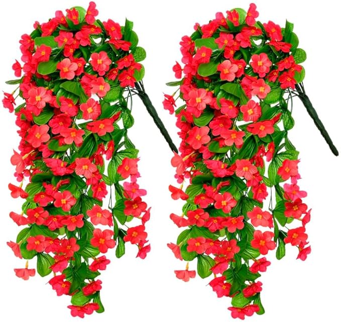 ZFProcess 2PCS Artificial Hanging Flowers, Fake Hanging Plants Violet Vines UV Resistant for Wall Home Room Garden Wedding Indoor Outdoor Spring Summer Decoration(Red)