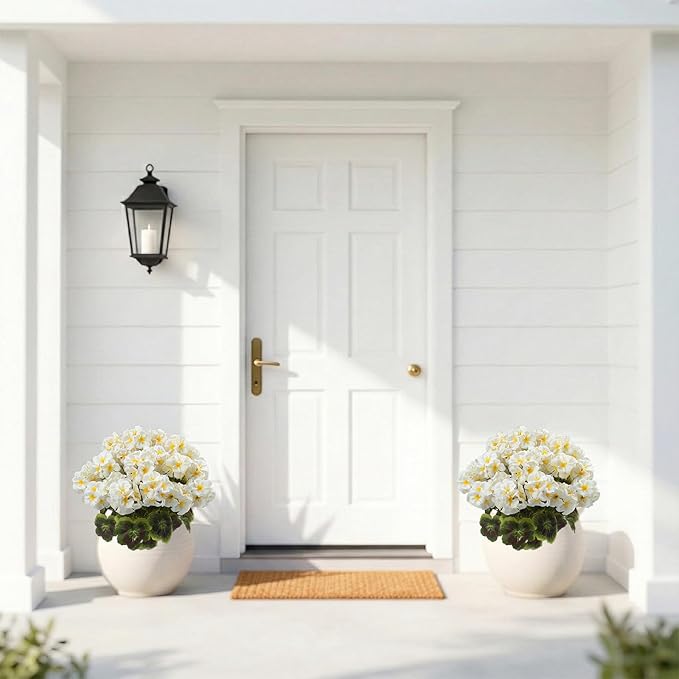 lovemoon 2 Pcs Geranium Potted Artificial Flowers, Fake Geraniums Plants UV Resistant Silk Potted Plants for Outdoor Home Décor Office Porch Garden Decor (2, White)