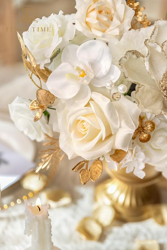 TINGE TIME Roses Artificial Flowers White Faux Flowers Bulk for DIY Bridal Wedding Bouquets Baby Shower Centerpiece Table Home Decorations（Brilliant White）