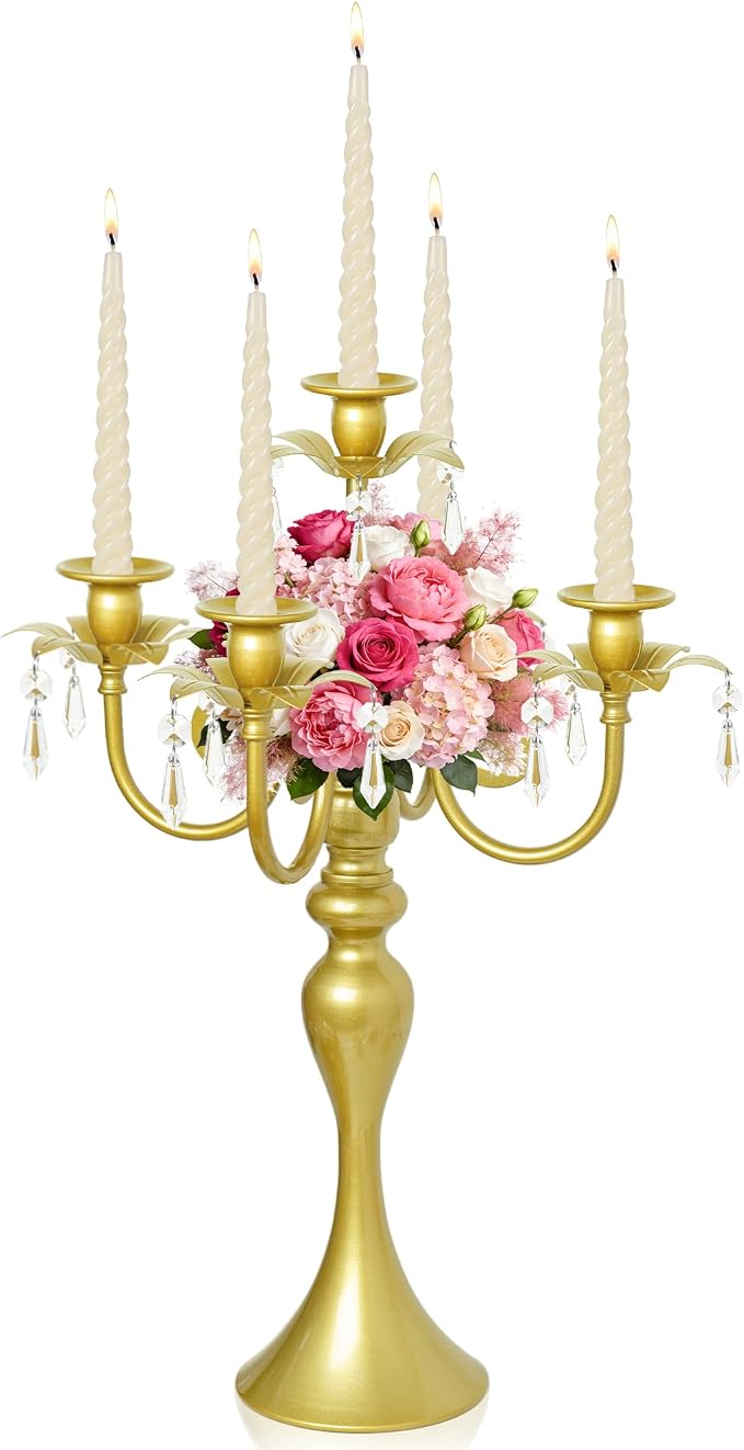 20.3'' Tall 5 Arm Silver Candelabra Centerpiece for Table, Metal Candelabra Candle Holder, Retro Candelabra Table Centerpieces for Party, Events, Home, Wedding Decor (1, Pure Gold, 5 arm)