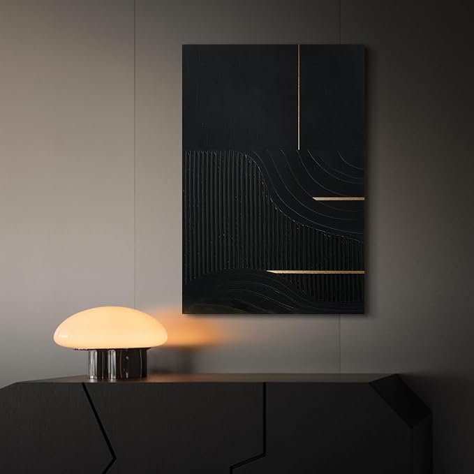 Hand-Painted Black & Gold Abstract Wall Art, Modern Textured Oil Painting | Original Vertical Canvas Artwork for Dining Room Bedroom Office, Minimalist Large Wall Decor for Living Room, 24x36 In