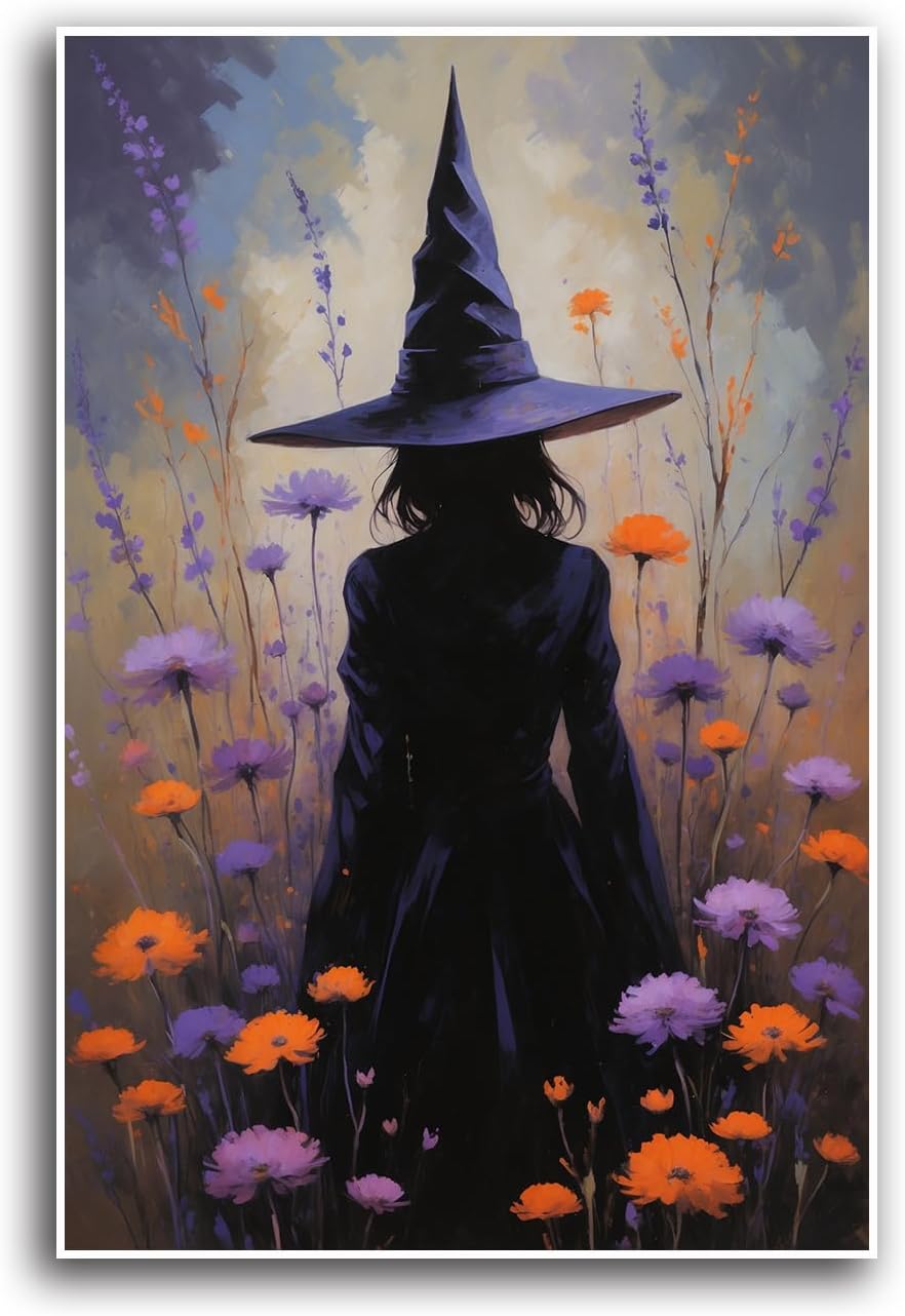 JFHCQJPK Country wildflower witch canvas print halloween mashup art witch purple decoration bohemian elegant art poster28x40in Frameless