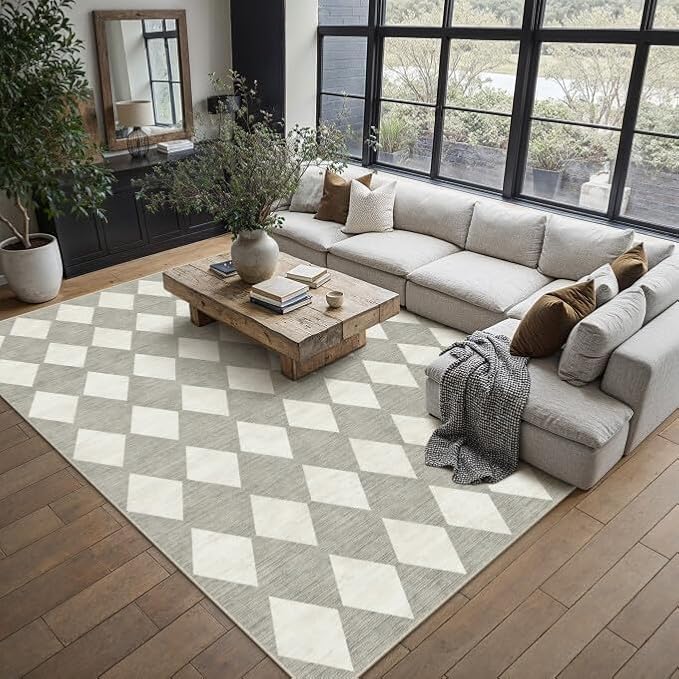 PureCozy 10x12 Checkered Area Rugs for Living Room Gray Machine Washable Modern Soft Large Rug Non-Slip Non-Slip Low Pile Accent Indoor Office Carpet for Bedroom Dining Room Nursery Classroom