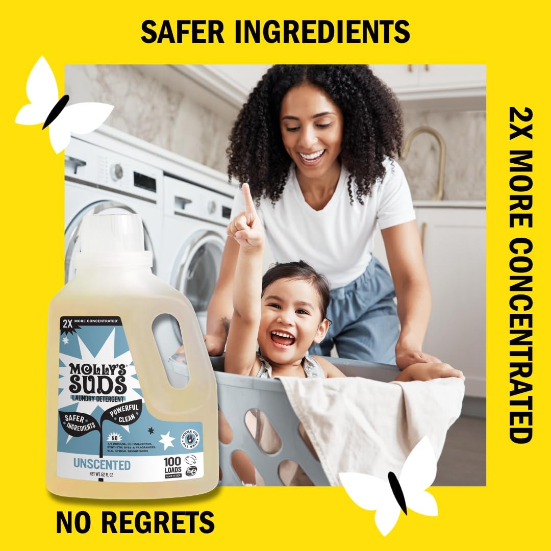 Molly's Suds Liquid Laundry Detergent | Clean Laundry Detergent Soap for Sensitive Skin | 2x Concentrated, High Efficiency (HE) | Unscented - 100 Loads