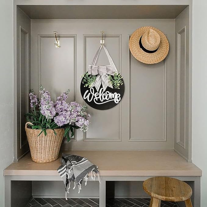 Welcome Sign for Front Door Wreath Decorations for All Seasons Front Porch Decor Hanging Gift for Farmhuose Home Outdoor Indoor (Black-Welcome)