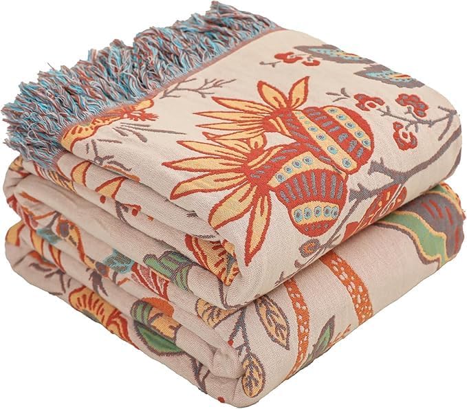 Boho Fall Throw Blanket for Bed,100% Ultra Cotton Soft Breathable Bed Throw Floral Decorative Cottage Farmhouse Decor Rustic Jacquard Bed Throws for Couch Sofa Quilt 60" x 80"-Orange& Sage Green