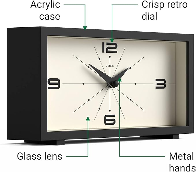 JONES CLOCKS® Odeon Desk Clock | Modern Rectangular Design | Black | Stylish Retro Look for Shelf, Table, Mantel or Bedside