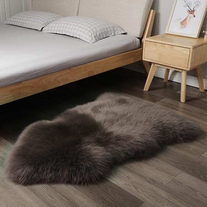 IRIWOOL Premium Genuine Fur Sheepskin Rug Real Australia Sheepskin Natural Luxury Fluffy Lambskin Fur Area Rug Seat Covers for Kids Bedroom Sofa Chair Cover (Dark Walnut, Single Pelt/2ft x 3ft)