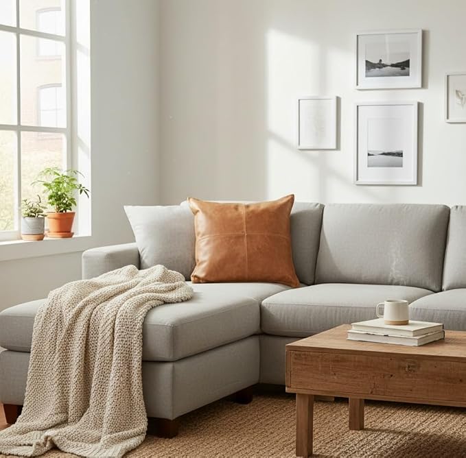 Genuine Leather Pillow Cover Case for Lumbar Throw Couch Pillows - Farmhouse Decorative Modern Sofa Thick & Soft Cushion Covers (Tan Antique, 24" x 24")