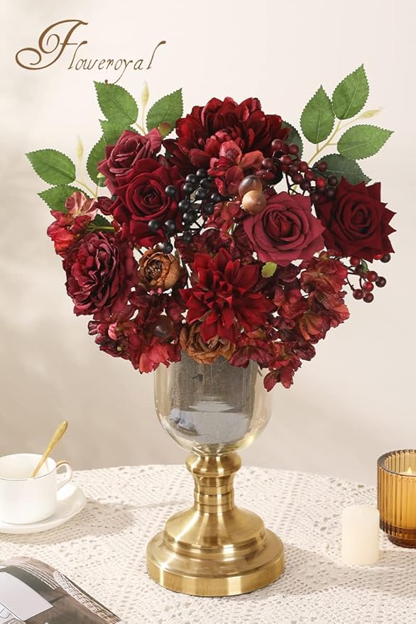 Floweroyal Artificial Flowers Combo Burgundy Flowers Mix Silk Flowers Dahlia Roses with Stems for DIY Wedding Bridal Bouquets, Baby Shower, Floral Arrangement, Table Centerpieces, Home Decorations.