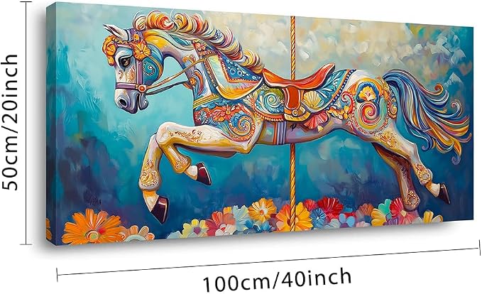 Ggaafet Colorful Carousel Wall Art for Bedroom Canvas Oil Painting Prints Beautiful Circus Horse Art Deco Modern Artwork Office Family Dining Room Decor