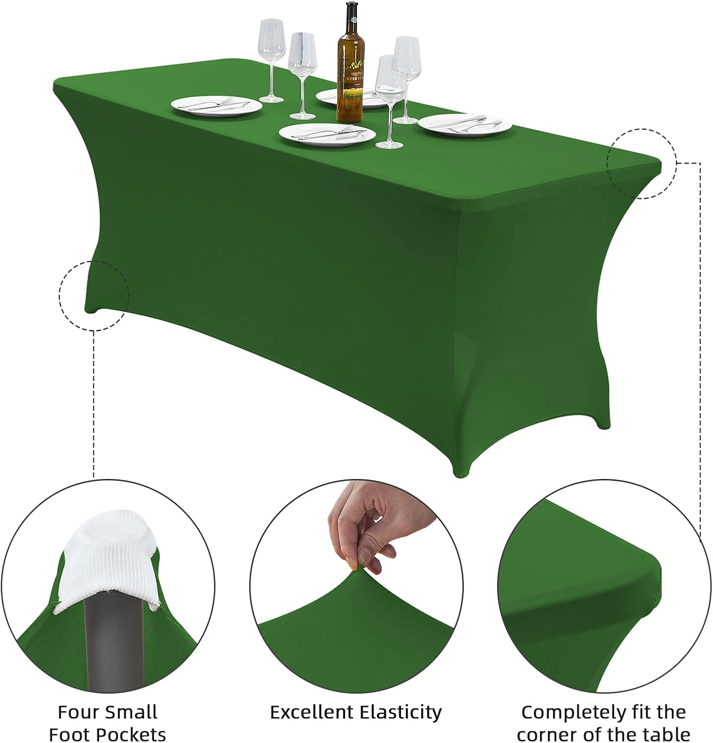 CWK 8FT Waterproof Stretch Spandex Table Cover for Rectangular Tables - Elastic Fitted Tablecloth for Folding Tables,Wrinkle Resistant Table Cloth for Parties, Weddings, Banquets & Events(Grass Green)