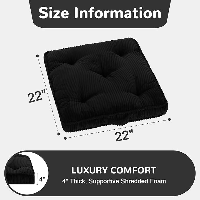 Meditation Floor Cushion, 22x22 Tufted Floor Pillow for Adults, Square Large Meditation Cushion Pillow, Black Corduroy Sitting with Handle, Yoga Seating for Tatami, 1Pack