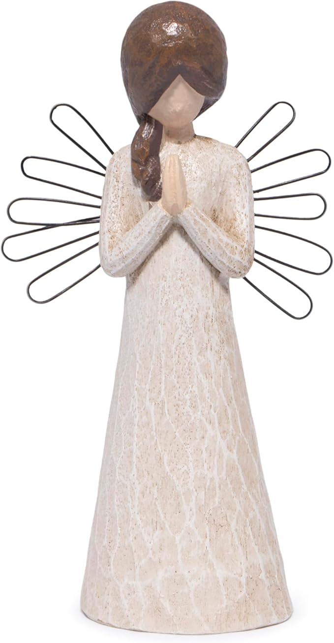 Hodao Praying Angel Figurine, 5.1in Hand-Painted Resin, Rustic Wood-Carved Look with Metal Wire Wings, Small Tabletop Decor for Home Indoor, Spiritual Figurines & Ornaments, Sympathy Gift