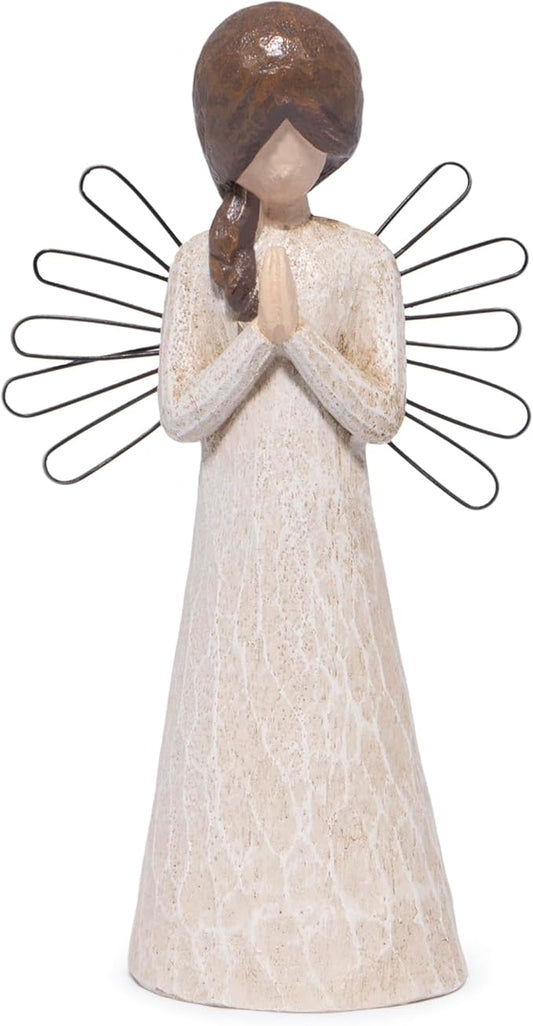Hodao Praying Angel Figurine, 5.1in Hand-Painted Resin, Rustic Wood-Carved Look with Metal Wire Wings, Small Tabletop Decor for Home Indoor, Spiritual Figurines & Ornaments, Sympathy Gift