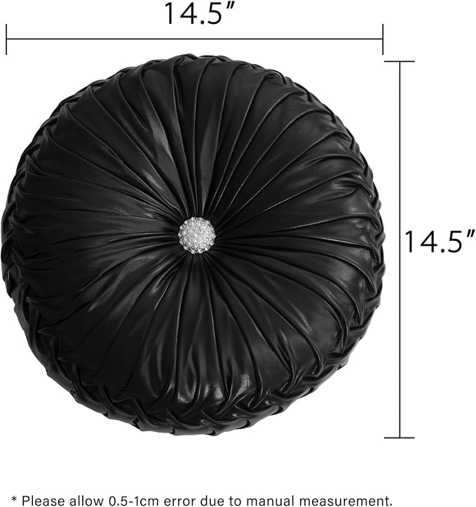 HIG Set of 2 Handcrafted Black Ruched Round Throw Pillows – 14.5’’ Metallic Leather Decorative Pillows with Soft Polyester Filling for Couch, Bed, Living Room, Bedroom, or Dorm