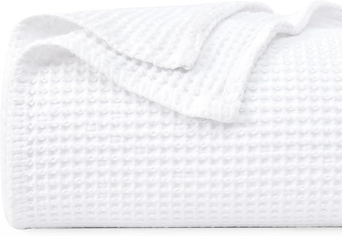 PHF Pre-Washed 100% Cotton Waffle Weave Blanket Twin Size for Bed,Snag Proof Throw Blanket for Couch Spring Summer Lightweight Breathable,Machine Washable, Home Decor Gift - White