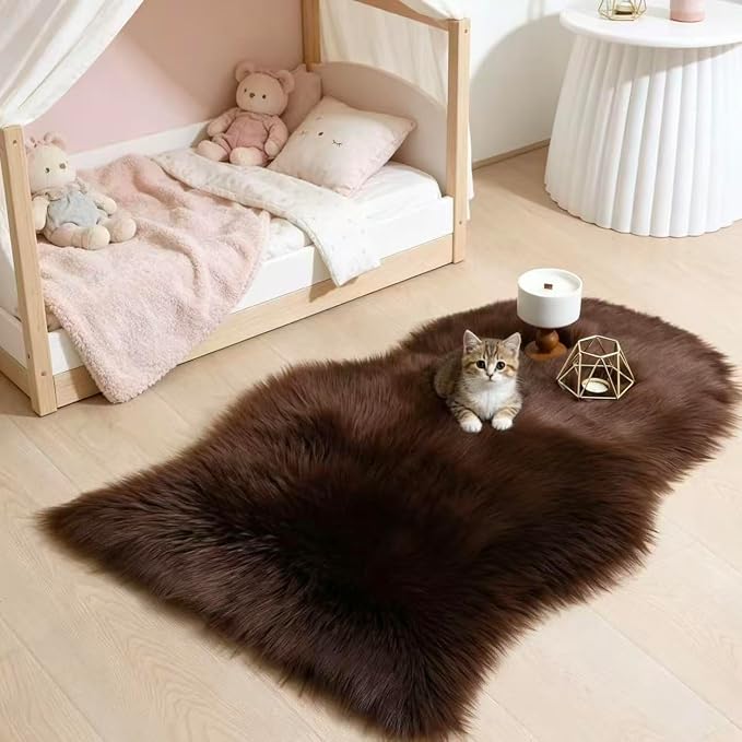 Faux Fur Rug 2 x 3 ft Sheepskin Shaggy Fuzzy Coffee Area Rug Super Soft Fluffy Plush Carpet for Bedroom Living Room Sofa Floor Kids Room Bedside