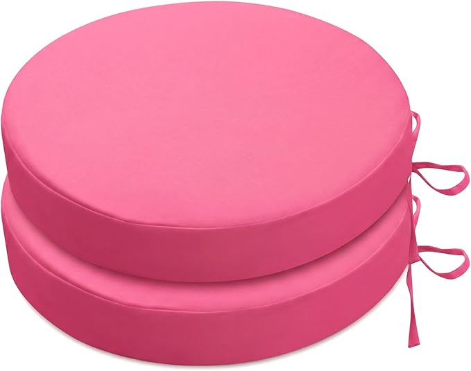 SK Studio Round Outdoor Chair Cushions for Patio Furniture, Set of 2 Waterproof Patio Chair Cushion with Adjustable Ties for Garden Sofa Couch, Pink, 17"x17"x3"