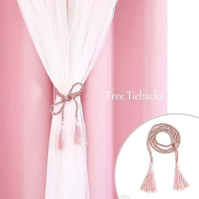 Pink Double Layer Curtains 90 Inch Length- Baby Pink Blackout Curtains with White Sheer Voile for Bedroom, Living Room and Nursery, Girl's Blocking Curtains, 52 x 90 inch