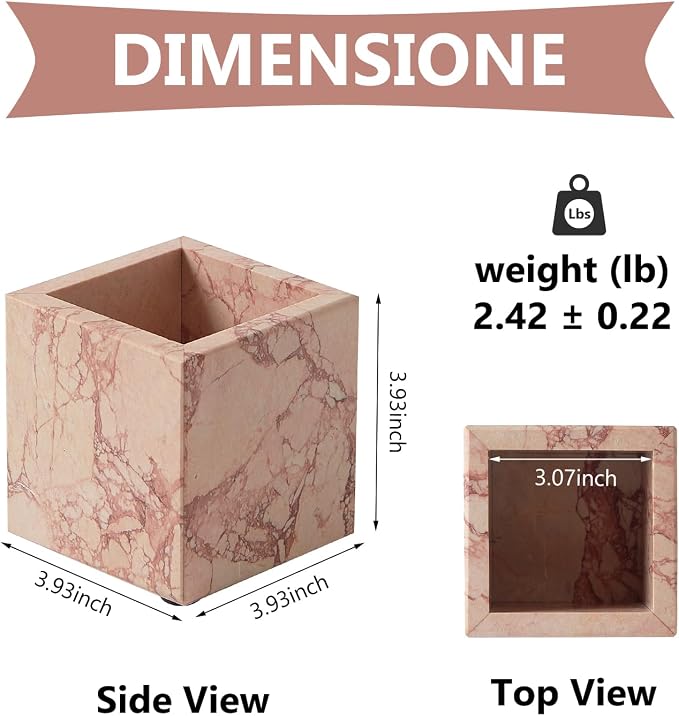 Real Luxurious Natural Marble Toothbrush Holder & Makeup Brush Organizer & Pen Holder for Desk,3.93inch Square Marble Utensil Holder Non-Ceramic/Non-Resin （Pink）