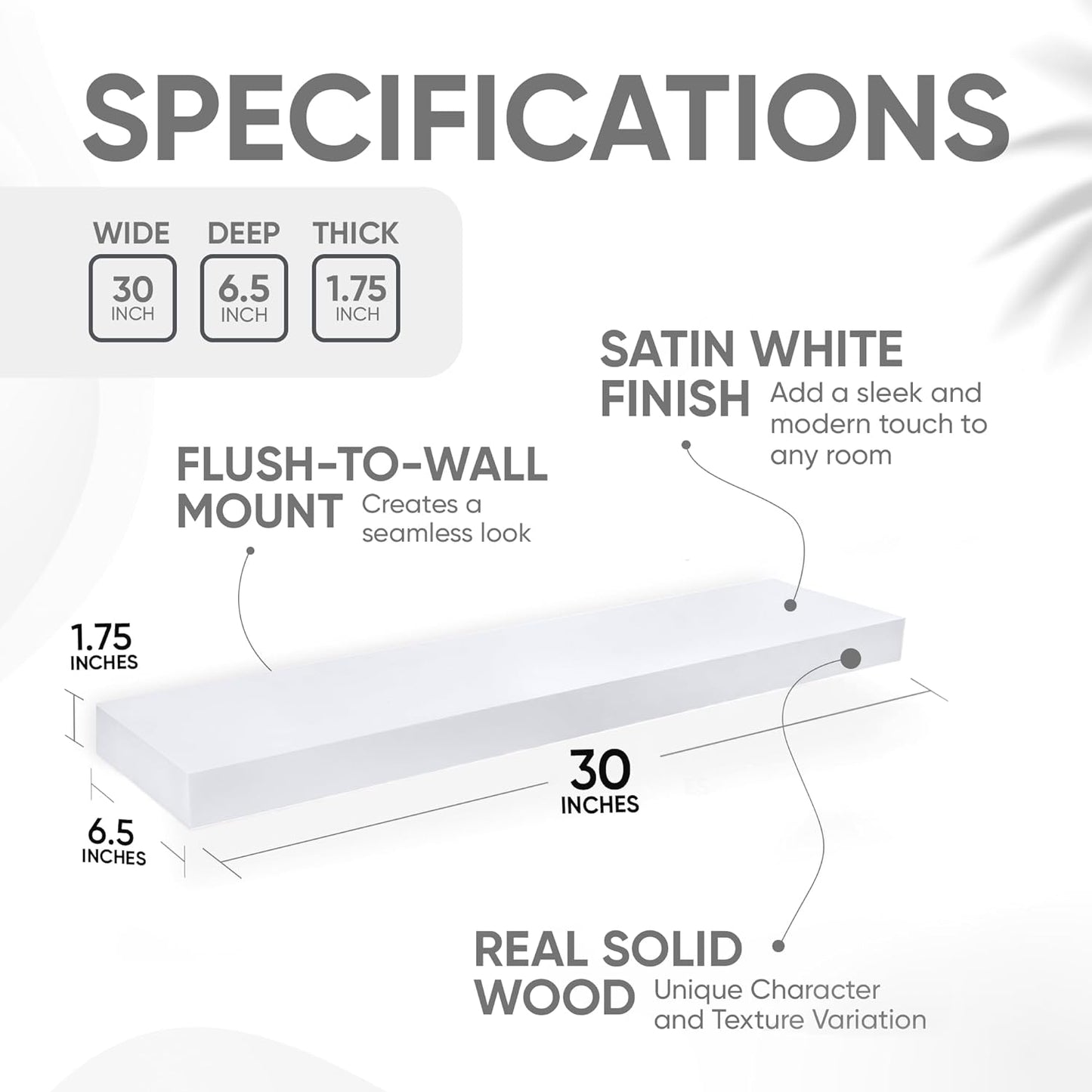 Homeforia White Floating Shelves 30 inch, High End Solid Real Wood 30inch Floating Shelf for Wall Mounted, White Wooden 30in Long Floating Shelves, Heavy Duty Bracket, 30 X 6.5 X 1.75 inches, Set of 2