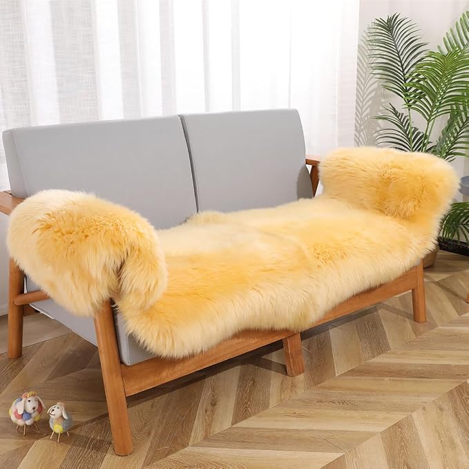 AOGELAN Premium Genuine Sheepskin Rug, Real Australia Sheepskin Natural Lambskin Fur Area Rug Seat Covers for Kids Bedroom Sofa Chair Cover Pets Dogs Mat Double Pelt/2FT*6FT Golden Yellow