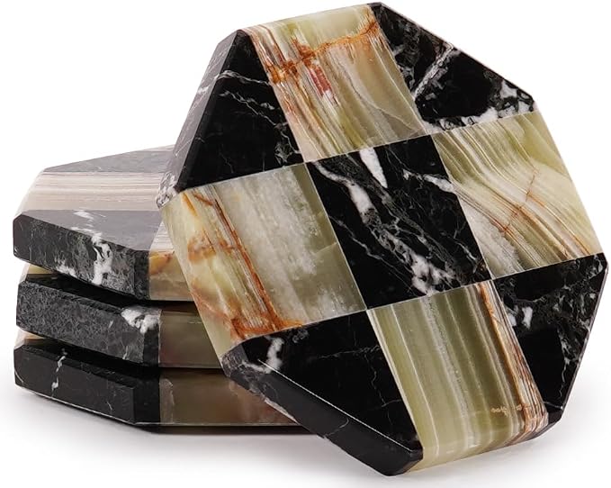 Marble Coasters Set of 4, Zebra Black & Green Handmade 4 inch Star Natural Marble Coaster, Elegant Drink Checkered Coasters for Coffee Table, Stylish Bar Accessories & Home Décor