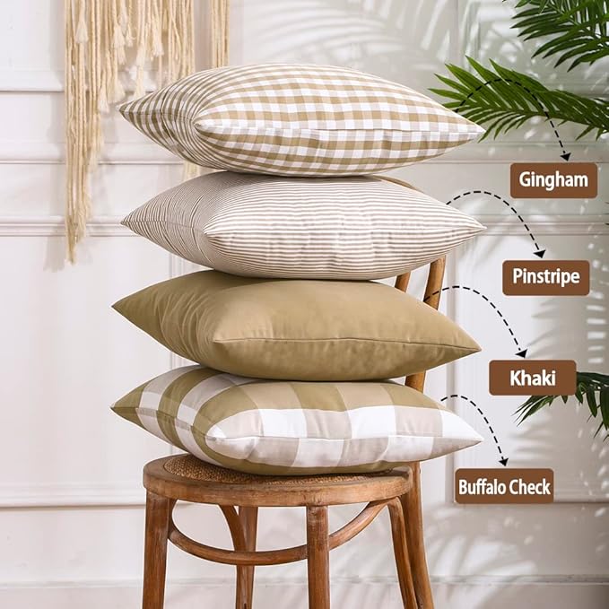 CARRIE HOME Modern Farmhouse Decor Brown Pillow Covers 18x18 Khaki Neutral Plaid Couch Throw Pillows 18 x 18 Set of 4 Brown Buffalo Check Decorative Pillow for Bedroom and Living Room