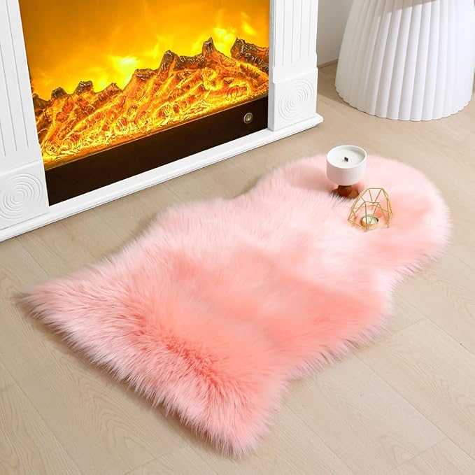 Faux Fur Rug 2 x 3 ft Sheepskin Shaggy Fuzzy Pink Area Rug Super Soft Fluffy Plush Carpet for Bedroom Living Room Sofa Floor Kids Room Bedside