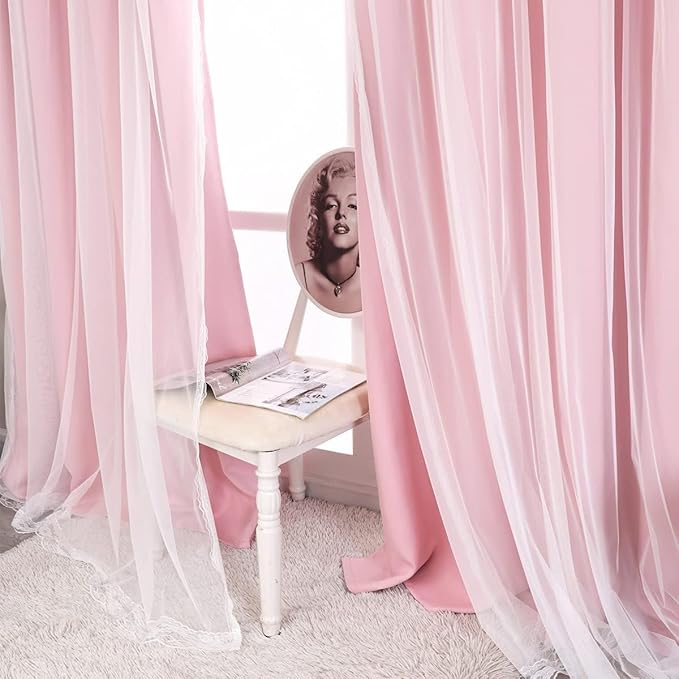Pink Blackout Curtains with Sheer Overlay, 2 Panels, Thermal Insulated & Soundproof, Lace Trim for Bedroom, Nursery, Living Room - Modern Pink Drapes, Room Darkening Curtains, 52x84 Inches