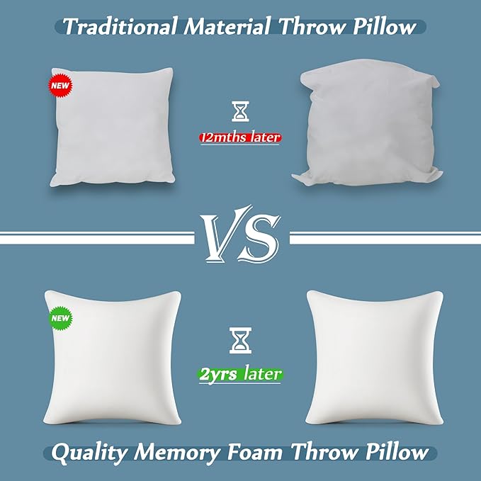 AM AEROMAX 16 × 16 Throw Pillow (Pack of 4) Memory Foam Pillow Insert - Square Accent Pillow for Decorative Cushion Bed Couch Sofa - Non-Deforming Over Time