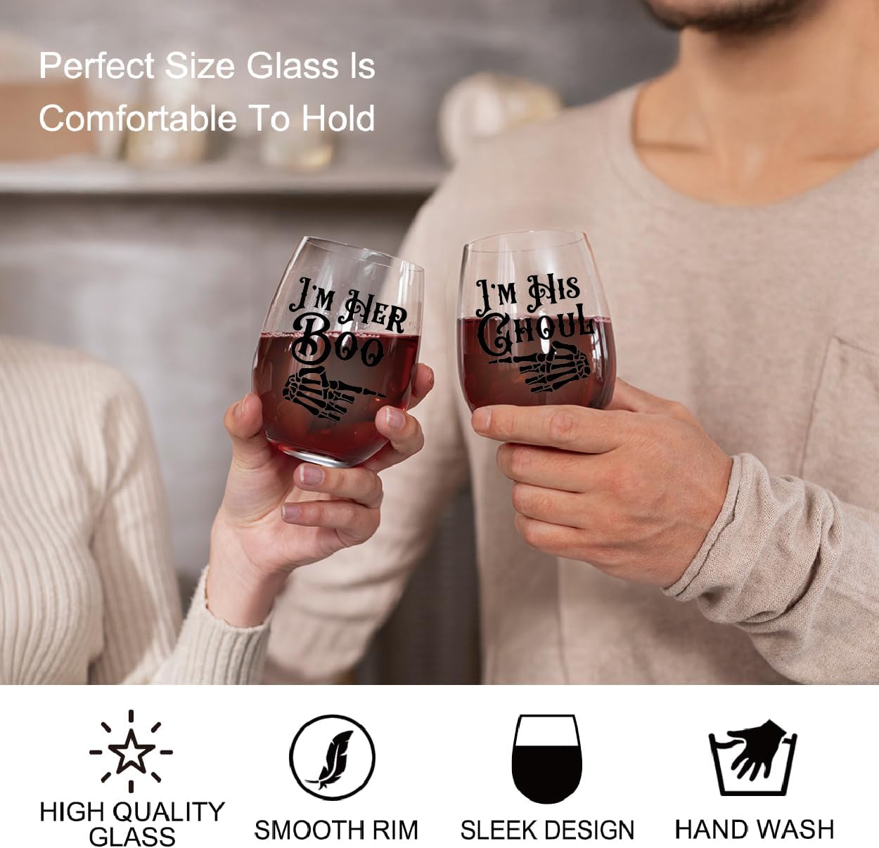 Perfectinsoy Skull Wine Glass 2 Piece with Gift Box, Zombie Design, Valentine's Day Autumn Halloween, Anniversary Wedding Gifts, Couple Gifts for Boyfriend and Girlfriend. (Her His Set of 2)