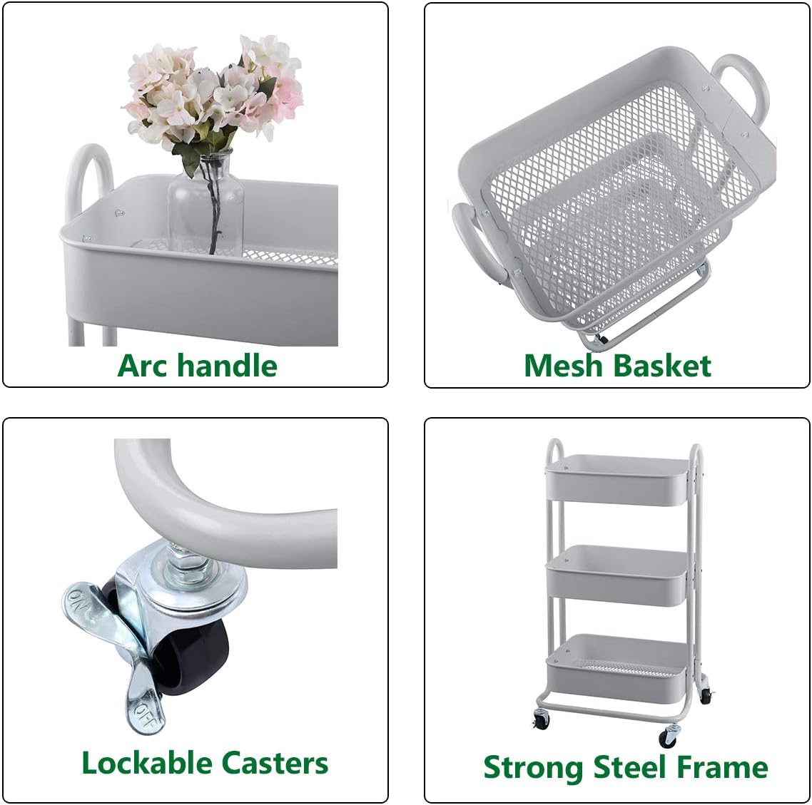 Melody House 3-Tier Metal Mesh Utility Rolling Cart Storage Organization Cart with Wheels, Light Gray