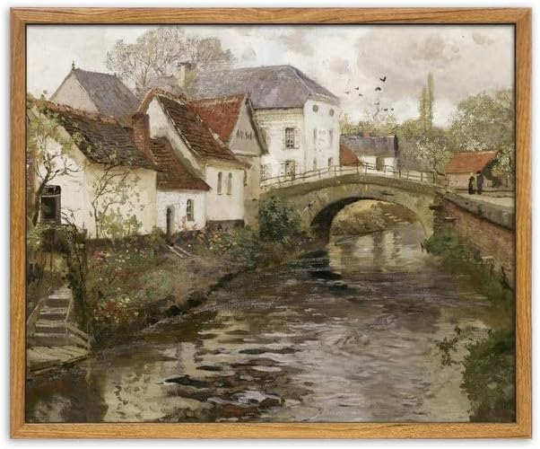 UPWOIGH 12x16 Framed Belgian Village Wall Art | Country Oil Painting Style, European Canal Scene, Moody Autumn Décor, Rustic Farmhouse Artwork