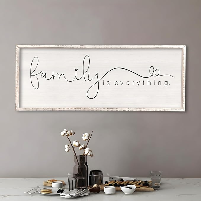 Family is Everything Wall Decor 40"x15" Living Room Large Warm Wood Framed Farmhouse Vintage Sign Home Beautiful And Simple Ready To Hang Hallway Entryway Wall Art Decoration (White)