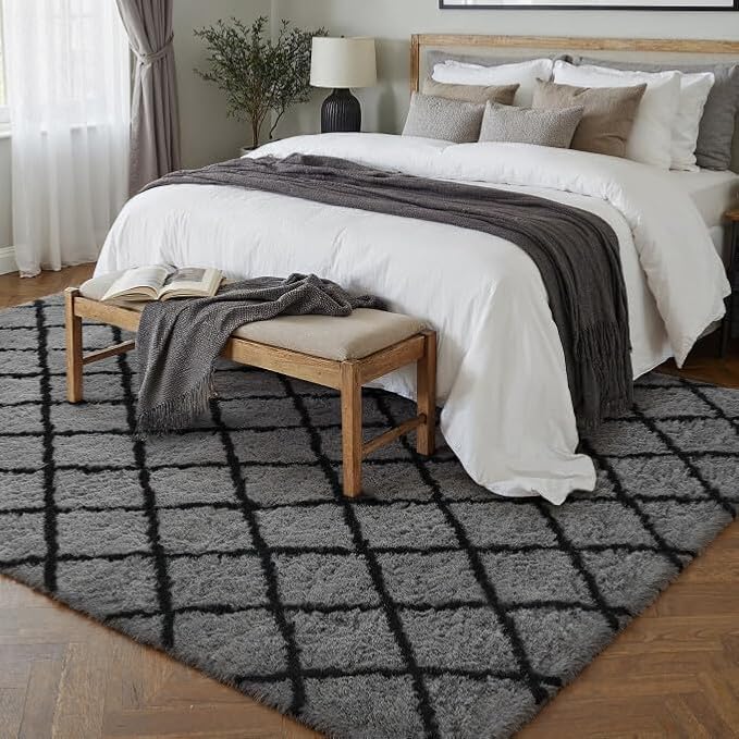 PureCozy 5x7 Checkered Rug for Living Room Grey and White Modern Soft Area Rug Fluffy Non-Slip Carpet for Bedroom Playroom Home Aesthetic Decor