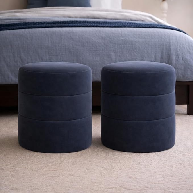 HomePop Upholstered Round Ottoman (No Lid, Seat Only) | HomePop Home Décor | Round Pouf Foot Rest – Steel Blue Velvet